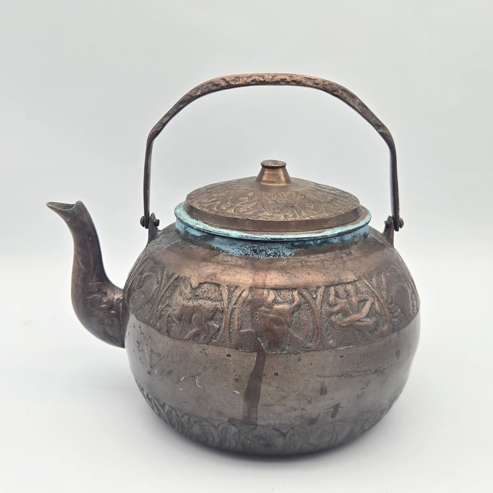 Vintage Chinese Bronze Zodiac Signs Teapot Decorative Embossed Verdigris Patina